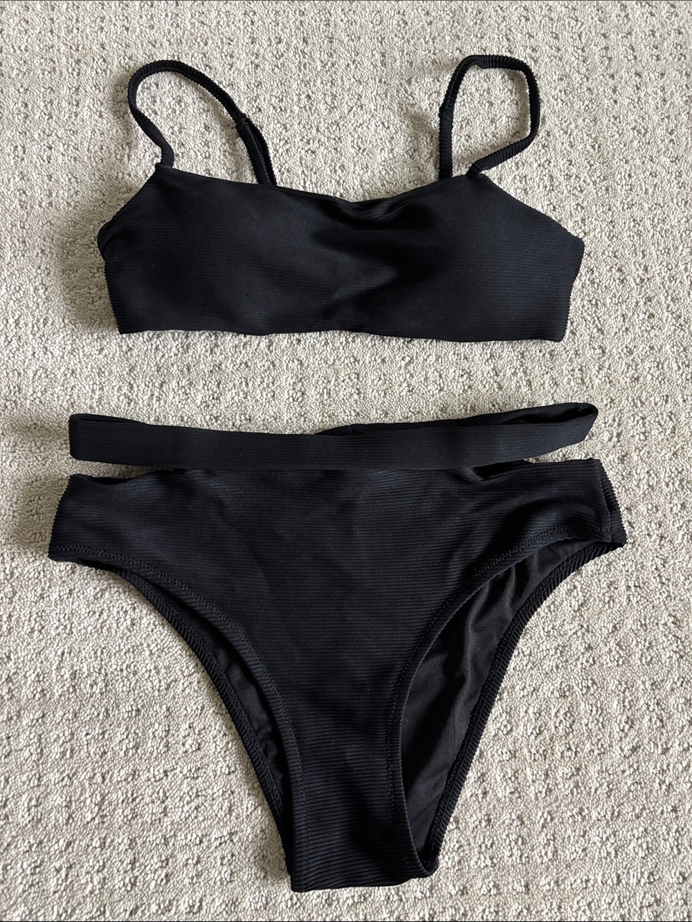 Envya Swimwear Black Ribbed Bikini Top Size XS, Bottom Size M